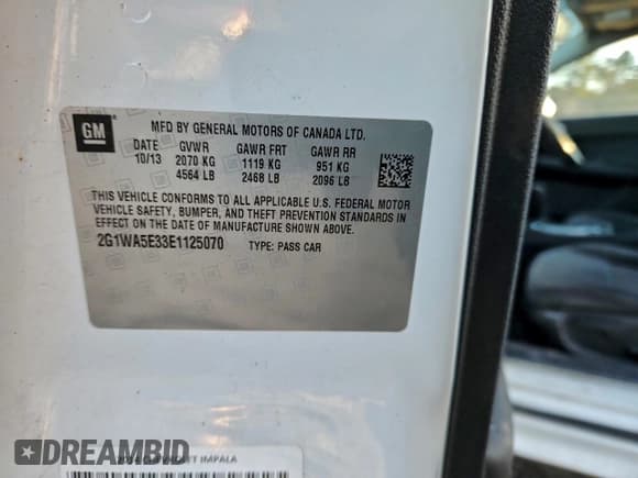 ✅ 2014 Chevrolet Impala LS • VIN: 2G1WA5E33E1125070 • Lot: 95118295. Listed on Copart with 86,756 mi. Free auction sales archive from the USA and detailed vehicle history report at DreamBid. Image 12.