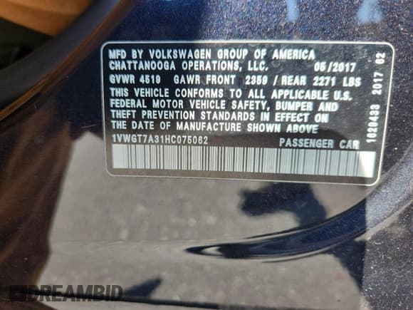 ✅ 2017 Volkswagen Passat SE • VIN: 1VWGT7A31HC075062 • Lot: 87485925. Listed on Copart with 76,755 mi. Free auction sales archive from the USA and detailed vehicle history report at DreamBid. Image 12.