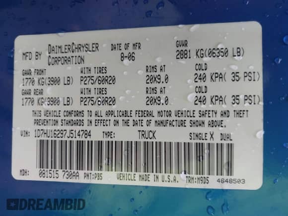 2007 Dodge 1500 SLT with VIN 1D7HU16297J514784, listed as a IAAI auction lot 41785504 with 100,092 mi miles and . Bid and sale history available at DreamBid. Image 9.