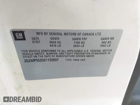 ✅ 2008 Pontiac Grand Prix • VIN: 2G2WP552581132897 • Lot: 43236807. Wystawiony na IAAI z przebiegiem 160 747 mil. Bezpłatny archiwum sprzedaży aukcyjnych z USA i szczegółowy raport historii pojazdu na DreamBid. Zdjęcie 9.