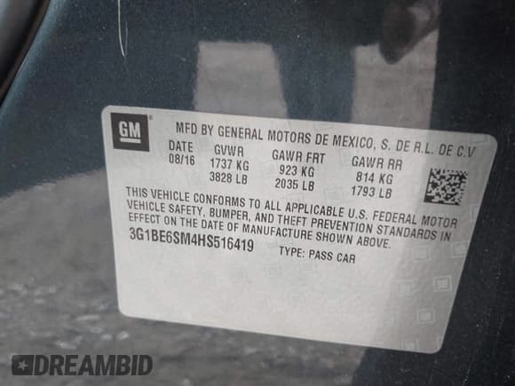 ✅ 2017 Chevrolet Cruze LT • VIN: 3G1BE6SM4HS516419 • Lot: 43594135. Listed on IAAI with 54,908 mi. Free auction sales archive from the USA and detailed vehicle history report at DreamBid. Image 9.