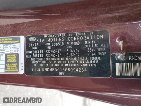 ✅ 2016 Kia Sedona LX • VIN: KNDMB5C13G6094234 • Lot: 85765535. Listed on Copart with 181,236 mi. Free auction sales archive from the USA and detailed vehicle history report at DreamBid. Image 13.