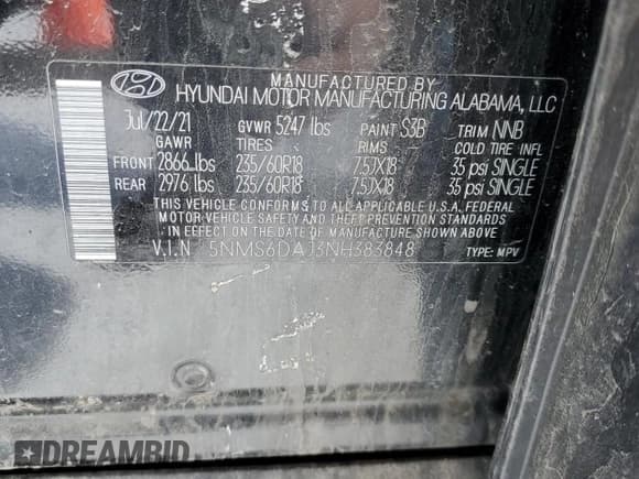 ✅ 2022 Hyundai Santa Fe XRT • VIN: 5NMS6DAJ3NH383848 • Lot: 48153964. Wystawiony na Copart z przebiegiem 42 304 mil. Bezpłatny archiwum sprzedaży aukcyjnych z USA i szczegółowy raport historii pojazdu na DreamBid. Zdjęcie 15.