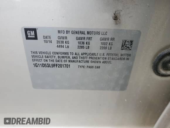 2015 Chevrolet Malibu LT with VIN 1G11D5SL9FF201701, listed as a Copart auction lot 65419945 with 222,960 mi miles and Salvage title. Bid and sale history available at DreamBid. Image 12.