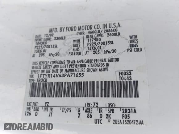 ✅ 2003 Ford Ranger XL • VIN: 1FTYR14V63PA71655 • Lot: 42576900. Wystawiony na IAAI z przebiegiem 170 674 mil. Bezpłatny archiwum sprzedaży aukcyjnych z USA i szczegółowy raport historii pojazdu na DreamBid. Zdjęcie 9.