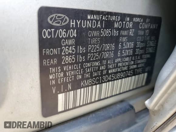 2005 Hyundai Santa Fe GLS z VIN KM8SC13D45U890745, wystawiony jako Copart lot #88348075 z przebiegiem 175 984 mil mil oraz Szkoda całkowita • Salvage title. Historia ofert i sprzedaży dostępna na DreamBid. Obrazek 15.