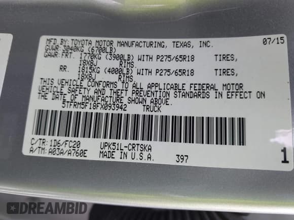 ✅ 2015 Toyota Tundra SR • VIN: 5TFRM5F18FX093942 • Lot: 42969303. Wystawiony na IAAI z przebiegiem 211 396 mil. Bezpłatny archiwum sprzedaży aukcyjnych z USA i szczegółowy raport historii pojazdu na DreamBid. Zdjęcie 9.