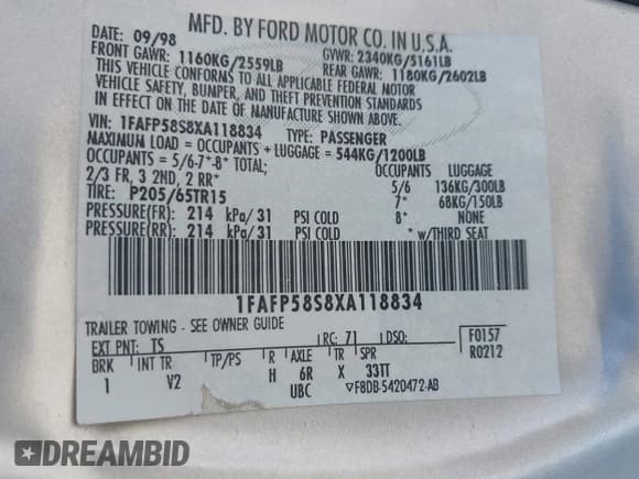 ✅ 1999 Ford Taurus SE • VIN: 1FAFP58S8XA118834 • Лот: 42593532. Опубликован ранее на IAAI с пробегом 141 242 миль. Бесплатный доступ к архиву аукционных продаж из США и подробный отчёт об истории автомобиля на DreamBid. Изображение 9.