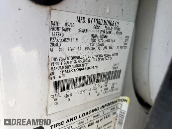 ✅ 2010 Ford Expedition Max Limited • VIN: 1FMJK1K59AEB60178 • Lot: 84547935. Listed on Copart with 174,937 mi. Free auction sales archive from the USA and detailed vehicle history report at DreamBid. Image 13.