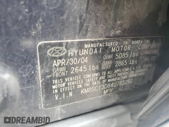 2004 Hyundai Santa Fe GLS с VIN KM8SC13D84U783292, выставлен на аукционе Copart как лот 44213045 с пробегом Не указан миль и Списание • Salvage title. История ставок и продаж доступна на DreamBid. Изображение 14.