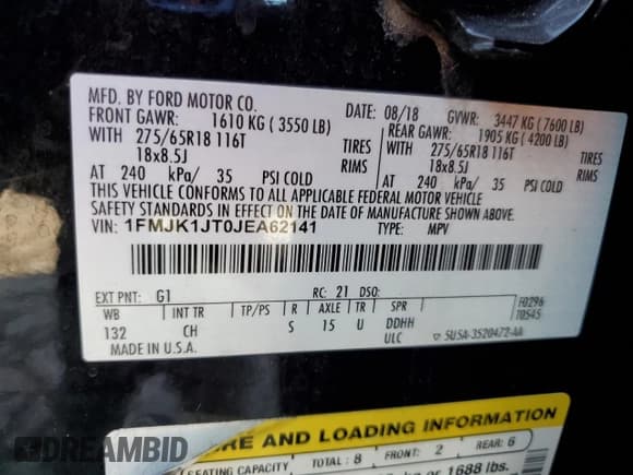 ✅ 2018 Ford Expedition Max XLT • VIN: 1FMJK1JT0JEA62141 • Лот: 86609465. Опубликован ранее на Copart с пробегом 178 100 миль. Бесплатный доступ к архиву аукционных продаж из США и подробный отчёт об истории автомобиля на DreamBid. Изображение 13.