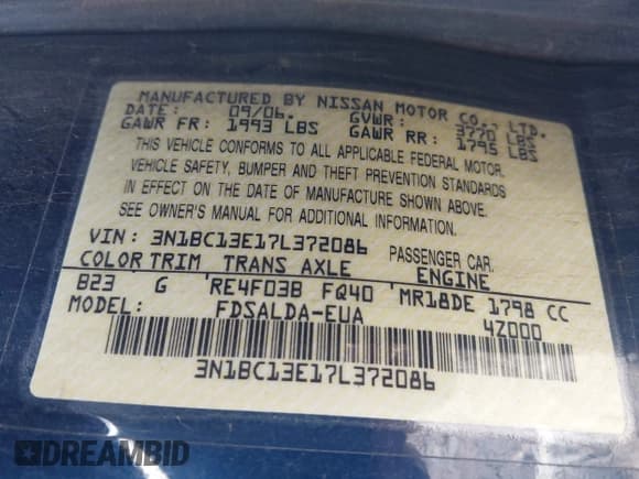 ✅ 2007 Nissan Versa SL • VIN: 3N1BC13E17L372086 • Lot: 43735108. Listed on IAAI with 134,932 mi. Free auction sales archive from the USA and detailed vehicle history report at DreamBid. Image 9.