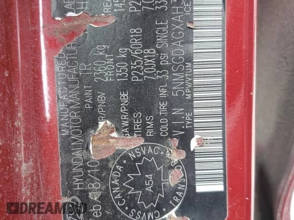 2010 Hyundai Santa Fe GL with VIN 5NMSGDAGXAH369098, listed as a Copart auction lot 60051345 with 202,136 mi miles and Clean title. Bid and sale history available at DreamBid. Image 13.