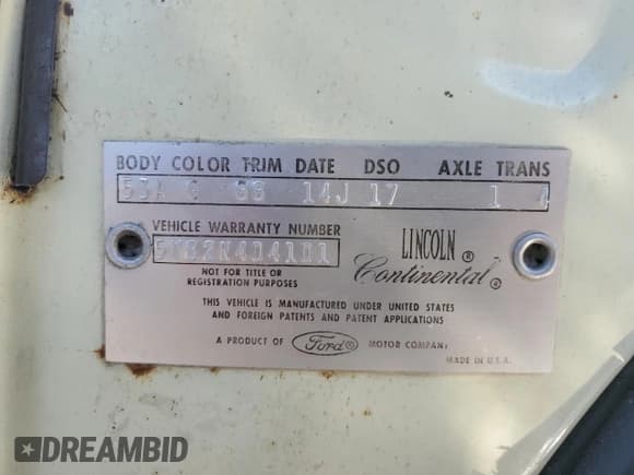 ✅ 1965 Lincoln Continental • VIN: 5Y82N404101 • Лот: 77485944. Опубликован ранее на Copart с пробегом 3 411 миль. Бесплатный доступ к архиву аукционных продаж из США и подробный отчёт об истории автомобиля на DreamBid. Изображение 13.