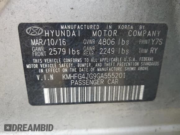 ✅ 2016 Hyundai Azera • VIN: KMHFG4JG9GA555201 • Lot: 93255545. Listed on Copart with 154,915 mi. Free auction sales archive from the USA and detailed vehicle history report at DreamBid. Image 12.