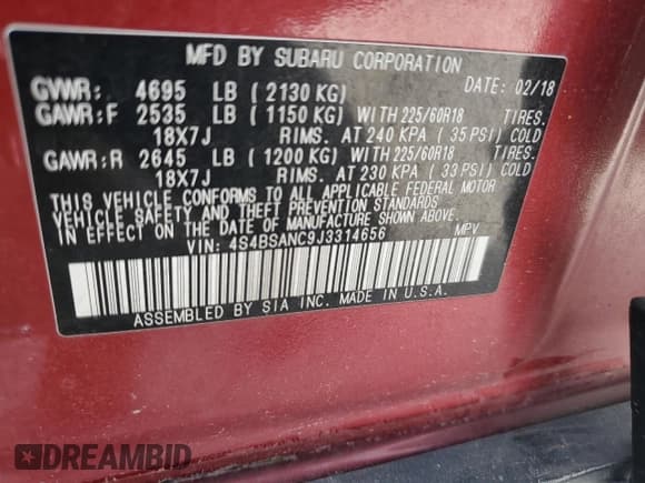 ✅ 2018 Subaru Outback Limited • VIN: 4S4BSANC9J3314656 • Lot: 69990095. Listed on Copart with 105,868 mi. Free auction sales archive from the USA and detailed vehicle history report at DreamBid. Image 12.