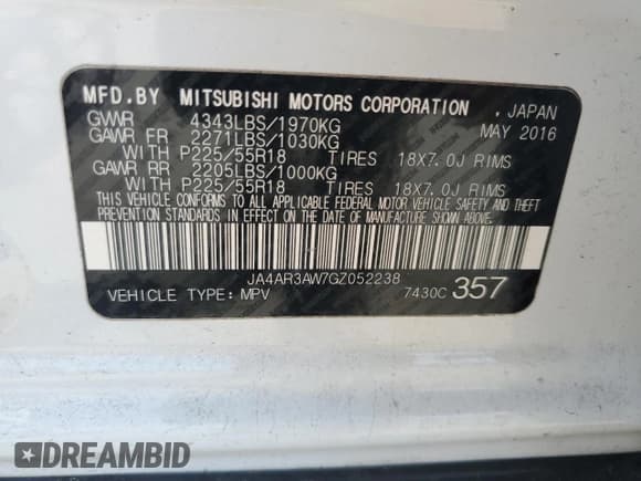 ✅ 2016 Mitsubishi Outlander ES • VIN: JA4AR3AW7GZ052238 • Lot: 60931415. Listed on Copart with 79,311 mi. Free auction sales archive from the USA and detailed vehicle history report at DreamBid. Image 13.