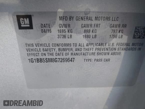 ✅ 2016 Chevrolet Cruze LS • VIN: 1G1BB5SM8G7269647 • Lot: 41114517. Listed on IAAI with 134,778 mi. Free auction sales archive from the USA and detailed vehicle history report at DreamBid. Image 9.