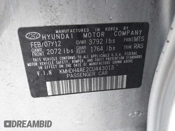 ✅ 2012 Hyundai Elantra GLS • VIN: KMHDH4AE2CU443013 • Lot: 43593422. Listed on IAAI with 169,609 mi. Free auction sales archive from the USA and detailed vehicle history report at DreamBid. Image 9.