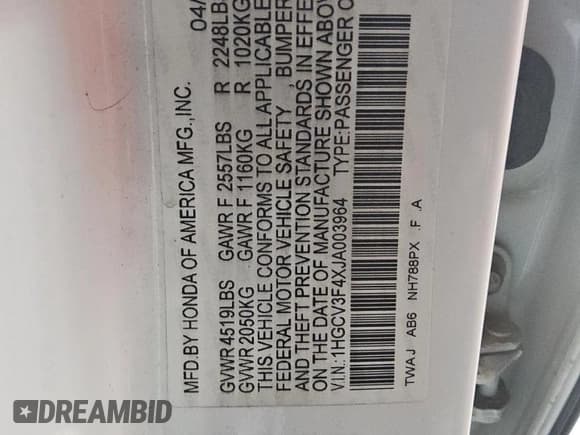 ✅ 2018 Honda Accord EX • VIN: 1HGCV3F4XJA003964 • Лот: 67818535. Опубликован ранее на Copart с пробегом 167 247 миль. Бесплатный доступ к архиву аукционных продаж из США и подробный отчёт об истории автомобиля на DreamBid. Изображение 12.