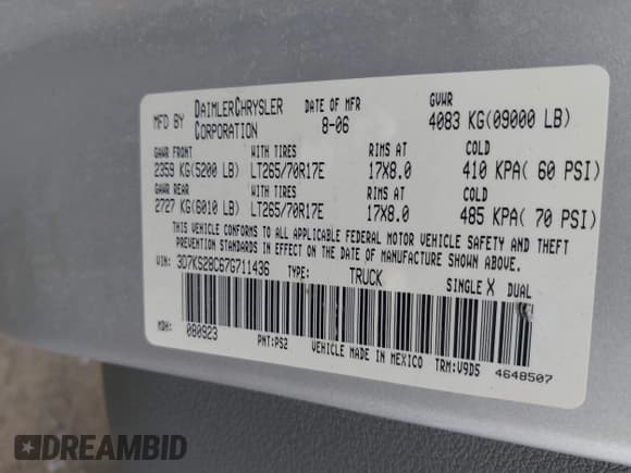 ✅ 2007 Dodge 2500 SLT • VIN: 3D7KS28C67G711436 • Lot: 43233748. Wystawiony na IAAI z przebiegiem 156 512 mil. Bezpłatny archiwum sprzedaży aukcyjnych z USA i szczegółowy raport historii pojazdu na DreamBid. Zdjęcie 9.