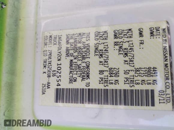 ✅ 2012 Nissan NV S • VIN: 1N6AF0LY2CN102554 • Lot: 42071194. Listed on IAAI with 250,183 mi. Free auction sales archive from the USA and detailed vehicle history report at DreamBid. Image 9.