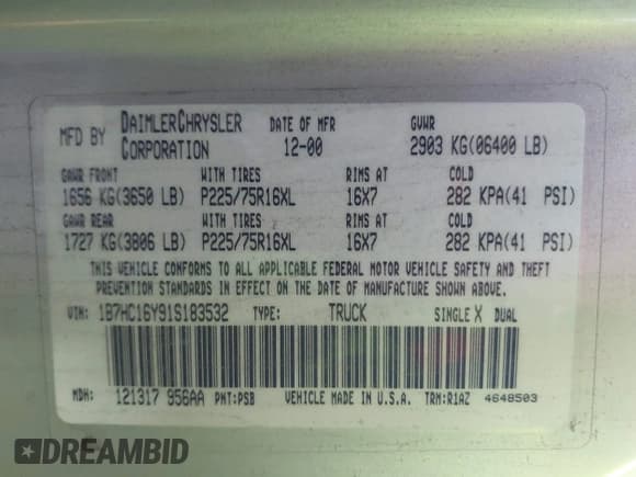 ✅ 2001 Dodge 1500 • VIN: 1B7HC16Y91S183532 • Lot: 43893414. Listed on IAAI with 361,209 mi. Free auction sales archive from the USA and detailed vehicle history report at DreamBid. Image 9.