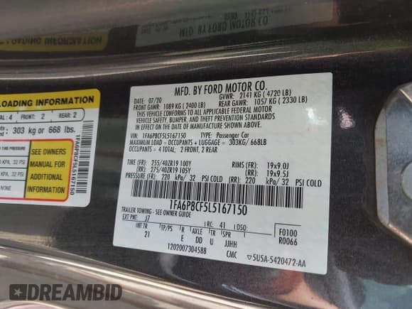 ✅ 2020 Ford Mustang GT • VIN: 1FA6P8CF5L5167150 • Lot: 42532222. Listed on IAAI with 72,292 mi. Free auction sales archive from the USA and detailed vehicle history report at DreamBid. Image 9.