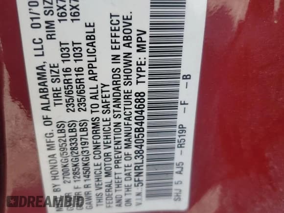 ✅ 2005 Honda Odyssey EX • VIN: 5FNRL38405B404688 • Lot: 91181665. Listed on Copart with 227,074 mi. Free auction sales archive from the USA and detailed vehicle history report at DreamBid. Image 13.