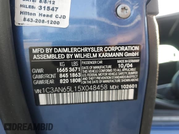 ✅ 2005 Chrysler Crossfire Limited • VIN: 1C3AN65L15X048458 • Lot: 44228095. Listed on Copart with 63,901 mi. Free auction sales archive from the USA and detailed vehicle history report at DreamBid. Image 14.