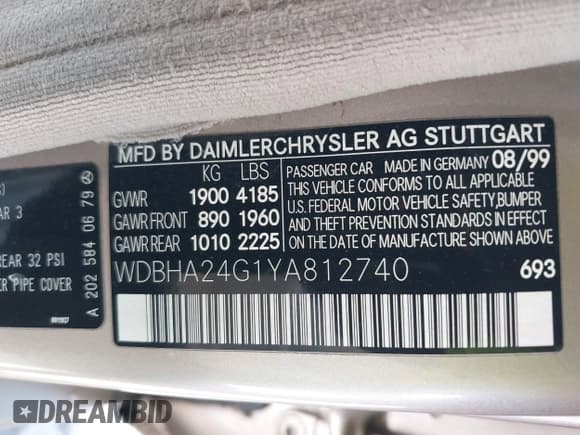 ✅ 2000 Mercedes-Benz C 230 Kompressor • VIN: WDBHA24G1YA812740 • Lot: 42655424. Wystawiony na IAAI z przebiegiem 227 815 mil. Bezpłatny archiwum sprzedaży aukcyjnych z USA i szczegółowy raport historii pojazdu na DreamBid. Zdjęcie 9.