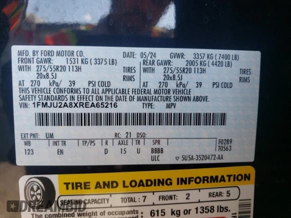 ✅ 2024 Ford Expedition Limited • VIN: 1FMJU2A8XREA65216 • Lot: 59725255. Listed on Copart with 38,161 mi. Free auction sales archive from the USA and detailed vehicle history report at DreamBid. Image 13.