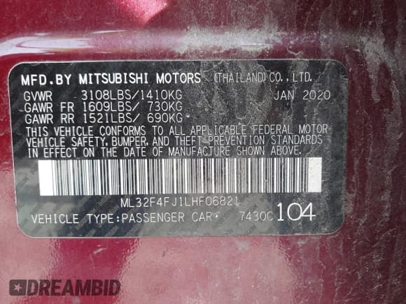 ✅ 2020 Mitsubishi Mirage SE • VIN: ML32F4FJ1LHF06821 • Lot: 42366486. Listed on IAAI with 55,306 mi. Free auction sales archive from the USA and detailed vehicle history report at DreamBid. Image 9.