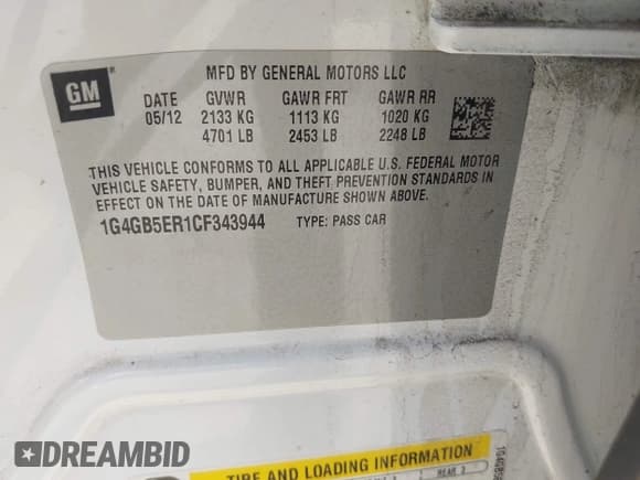 ✅ 2012 Buick LaCrosse Convenience • VIN: 1G4GB5ER1CF343944 • Lot: 42803035. Wystawiony na IAAI z przebiegiem 133 278 mil. Bezpłatny archiwum sprzedaży aukcyjnych z USA i szczegółowy raport historii pojazdu na DreamBid. Zdjęcie 9.