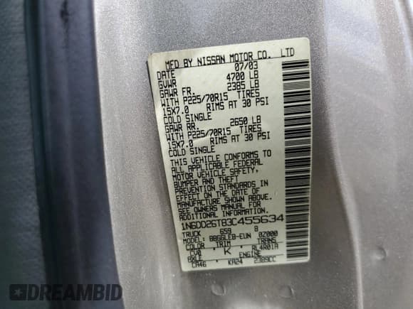 ✅ 2003 Nissan Frontier XE • VIN: 1N6DD26T83C455634 • Lot: 53697185. Listed on Copart with 162,045 mi. Free auction sales archive from the USA and detailed vehicle history report at DreamBid. Image 12.