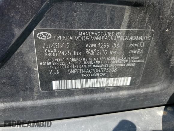 ✅ 2013 Hyundai Sonata GLS • VIN: 5NPEB4AC1DH573708 • Lot: 69227694. Listed on Copart with 140,996 mi. Free auction sales archive from the USA and detailed vehicle history report at DreamBid. Image 12.