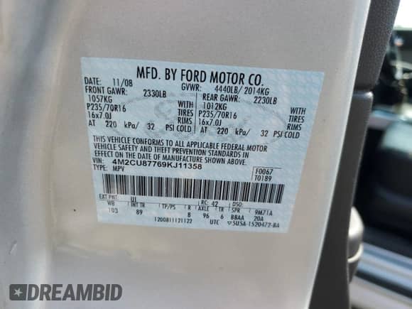 2009 Mercury Mariner Premier с VIN 4M2CU87769KJ11358, выставлен на аукционе Copart как лот 55577235 с пробегом 206 627 миль миль и Списание • Salvage title. История ставок и продаж доступна на DreamBid. Изображение 14.