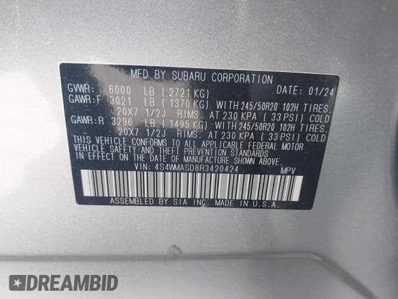 ✅ 2024 Subaru Ascent Limited • VIN: 4S4WMASD8R3420424 • Lot: 42039676. Listed on IAAI with 57,629 mi. Free auction sales archive from the USA and detailed vehicle history report at DreamBid. Image 9.