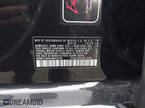 ✅ 2019 Volkswagen Golf GTI S • VIN: 3VW6T7AU9KM002693 • Lot: 41734391. Wystawiony na IAAI z przebiegiem 50 308 mil. Bezpłatny archiwum sprzedaży aukcyjnych z USA i szczegółowy raport historii pojazdu na DreamBid. Zdjęcie 9.