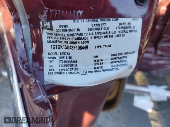 ✅ 2003 GMC Sierra 1500HD SLT • VIN: 1GTGK13U43F198449 • Lot: 87235664. Wystawiony na Copart z przebiegiem Nie podano. Bezpłatny archiwum sprzedaży aukcyjnych z USA i szczegółowy raport historii pojazdu na DreamBid. Zdjęcie 12.