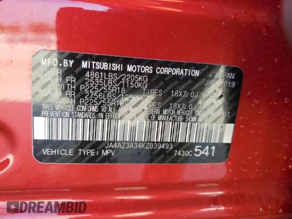 2019 Mitsubishi Outlander ES with VIN JA4AZ3A34KZ039493, listed as a Copart auction lot 72083245 with 99,392 mi miles and Non repairable. Bid and sale history available at DreamBid. Image 13.