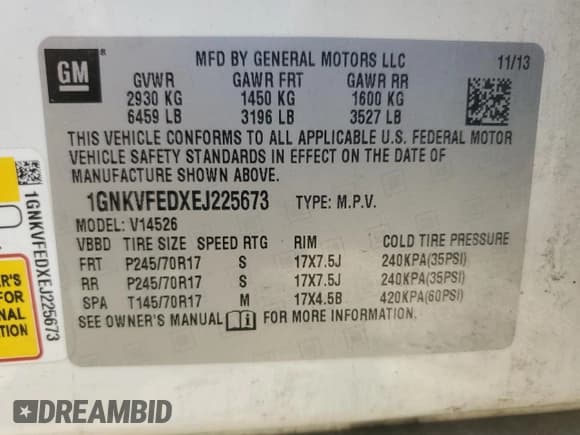 ✅ 2014 Chevrolet Traverse LS • VIN: 1GNKVFEDXEJ225673 • Lot: 60501775. Wystawiony na Copart z przebiegiem 170 102 mil. Bezpłatny archiwum sprzedaży aukcyjnych z USA i szczegółowy raport historii pojazdu na DreamBid. Zdjęcie 14.