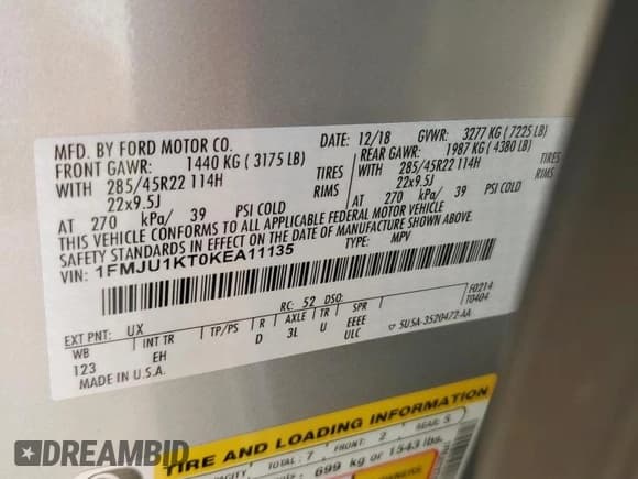 ✅ 2019 Ford Expedition Limited • VIN: 1FMJU1KT0KEA11135 • Lot: 93454185. Wystawiony na Copart z przebiegiem 71 104 mil. Bezpłatny archiwum sprzedaży aukcyjnych z USA i szczegółowy raport historii pojazdu na DreamBid. Zdjęcie 12.