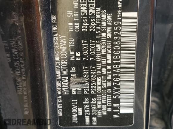 ✅ 2011 Hyundai Santa Fe GLS • VIN: 5XYZG3AB1BG083259 • Lot: 77814964. Listed on Copart with Not provided. Free auction sales archive from the USA and detailed vehicle history report at DreamBid. Image 13.