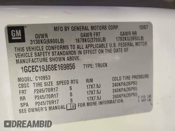 2008 Chevrolet Silverado 1500 Work Truck with VIN 1GCEC19J68E169856, listed as a IAAI auction lot 41690536 with 470,332 mi miles and . Bid and sale history available at DreamBid. Image 9.