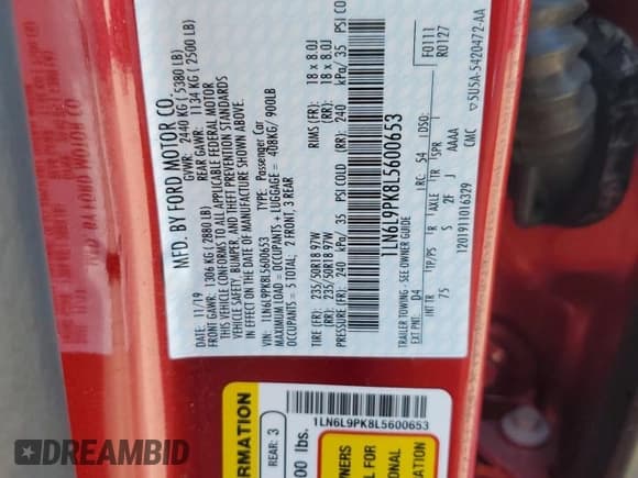 ✅ 2020 Lincoln Continental Standard • VIN: 1LN6L9PK8L5600653 • Lot: 80348524. Listed on Copart with 18,771 mi. Free auction sales archive from the USA and detailed vehicle history report at DreamBid. Image 12.