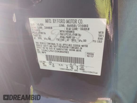 ✅ 2005 Ford Escape Limited • VIN: 1FMCU94155KB84982 • Lot: 40872956. Listed on IAAI with Not provided. Free auction sales archive from the USA and detailed vehicle history report at DreamBid. Image 9.