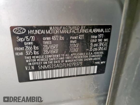 ✅ 2020 Hyundai Santa Fe SE • VIN: 5NMS23AD7LH279375 • Lot: 68691755. Listed on Copart with 102,931 mi. Free auction sales archive from the USA and detailed vehicle history report at DreamBid. Image 13.