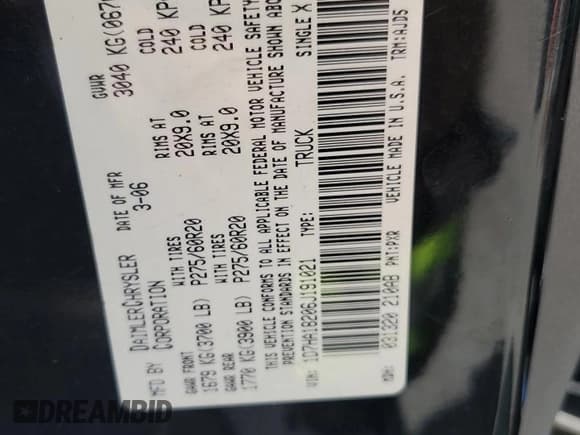 ✅ 2006 Dodge 1500 SLT • VIN: 1D7HA18206J191021 • Lot: 82747655. Wystawiony na Copart z przebiegiem 206 804 mil. Bezpłatny archiwum sprzedaży aukcyjnych z USA i szczegółowy raport historii pojazdu na DreamBid. Zdjęcie 13.