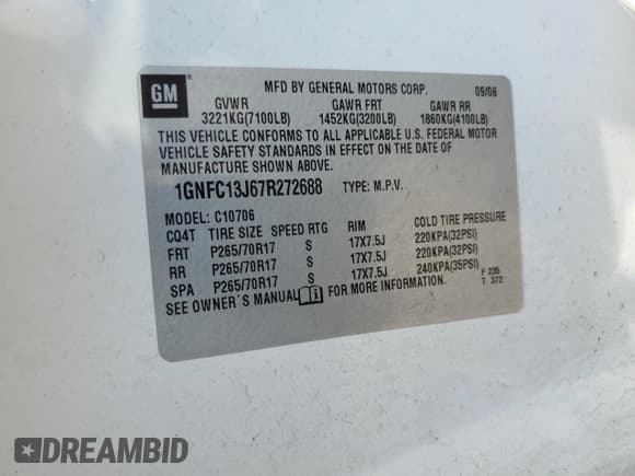 ✅ 2007 Chevrolet Tahoe LT • VIN: 1GNFC13J67R272688 • Lot: 91718845. Listed on Copart with 204,118 mi. Free auction sales archive from the USA and detailed vehicle history report at DreamBid. Image 13.